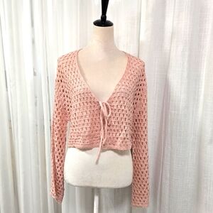 2/$30 Cider Petal Pastel Pink Crochet Cardigan Size L‎ Cropped Open Knit
